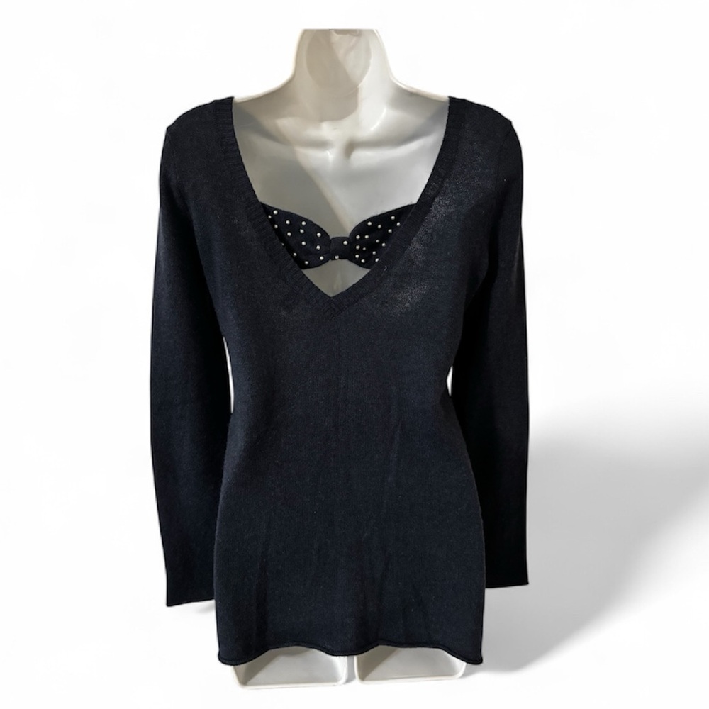 Autumn Cashmere Navy Blue Cashmere Sweater with Pearl Bow Back Detail